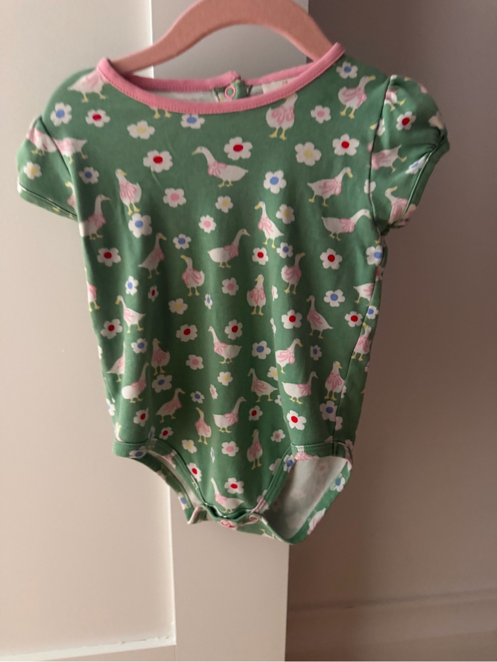The Beaufort Bonnet Company Green Floral & Duck Print Bodysuit with Pink Trim